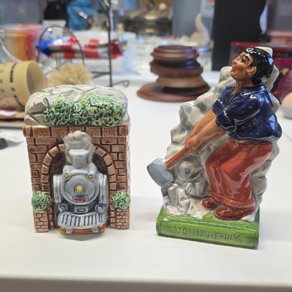 Vintage Fitz & Floyd Omnibus John Henry and Train Salt and Pepper Shakers